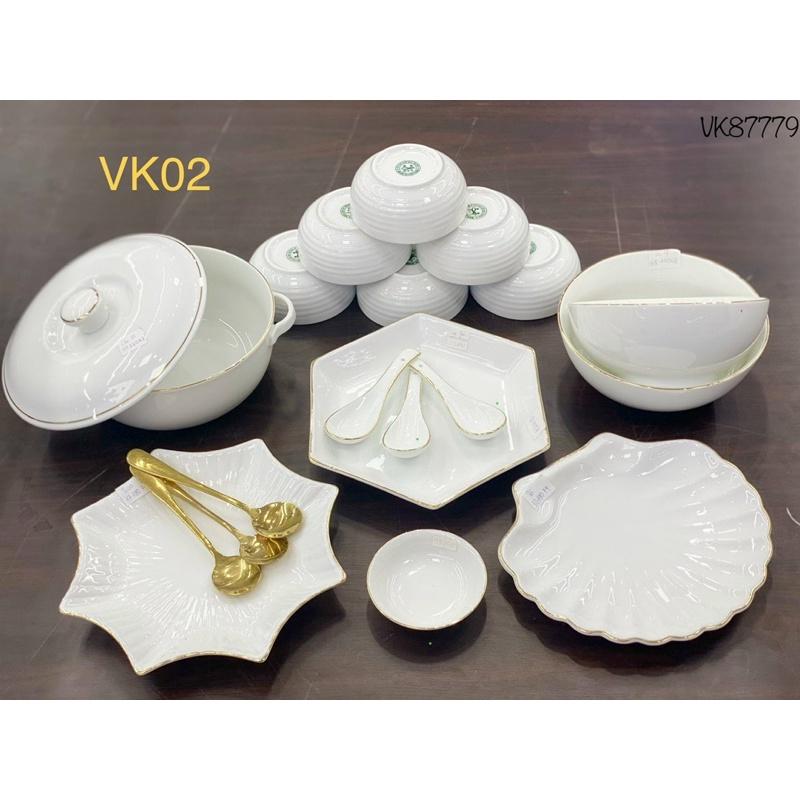 Bộ bát đĩa 15-17 món, men trắng ngọc, viền vẽ vàng kim. Gốm sứ Bát Tràng