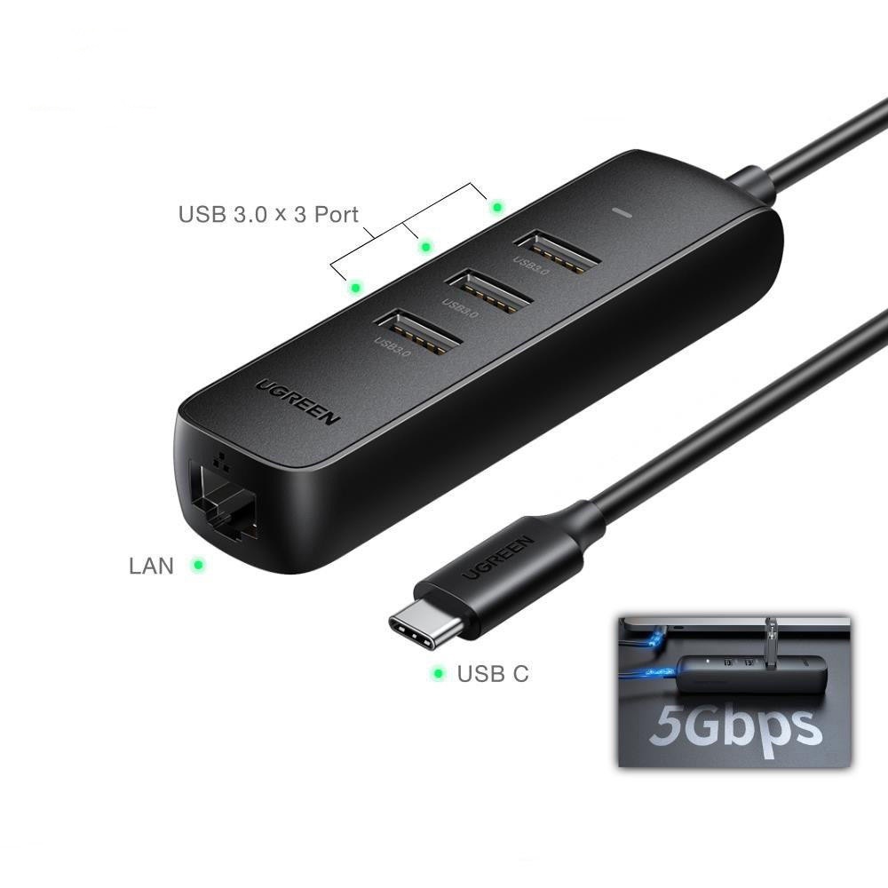 Dây Cáp Chuyển Đổi USB Type C Sang LAN + Hub USB Ugreen - Hàng Chính Hãng