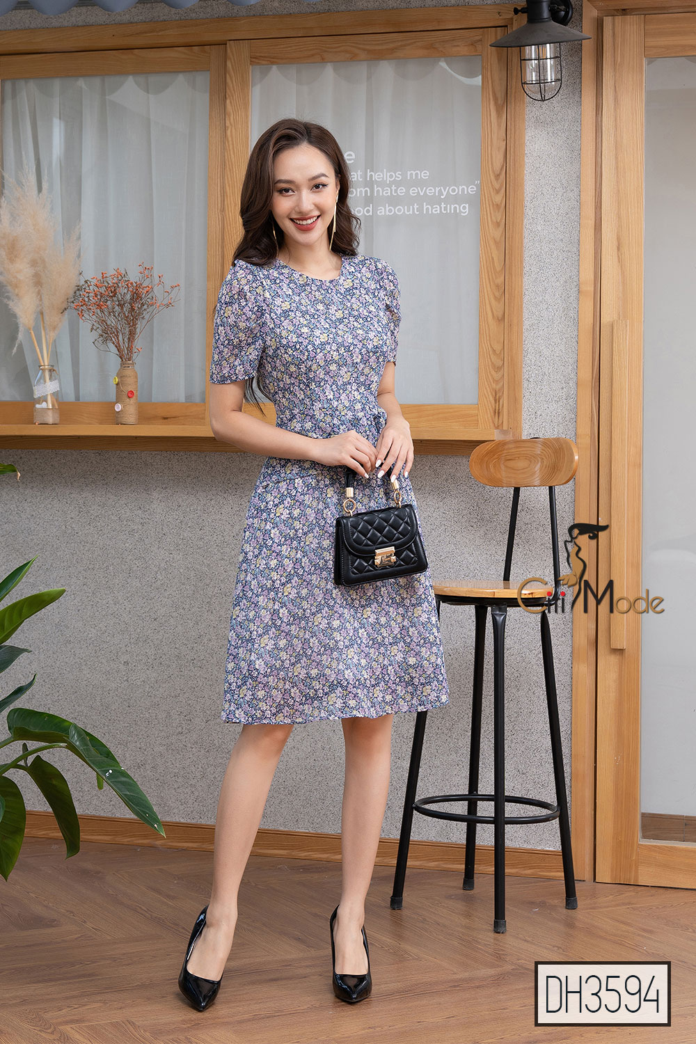 Đầm xòe nữ tím hoa nhí CITI MODE cổ tròn phối vạt eo chất Voan cao cấp 2 lớp DH3594