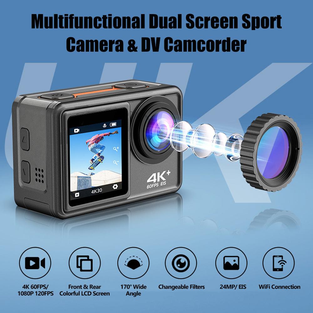 4K 24MP Dual Screen Sport Camera DV Camcorder 2.0 Inch Screen 170° Wide Angle EIS 40m Waterproof WiFi for Outdoor Sports