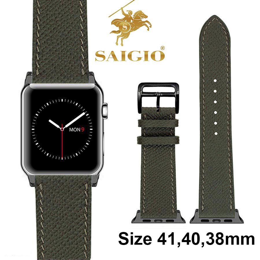 Dây Đồng Hồ Apple Watch 41mm 40mm 38mm, Chất Liệu Da Bê EPSOM Thảo Mộc Cao Cấp, Nhập Khẩu Từ Châu Âu, Dây Đeo Phong Cách Hiện Đại và Sang Trọng, Tương Thích Các Phiên Bản Series 8/7/6/5/4/3/2/1/SE/SE2 - Xanh Midnight Green - ADAPTER ĐEN