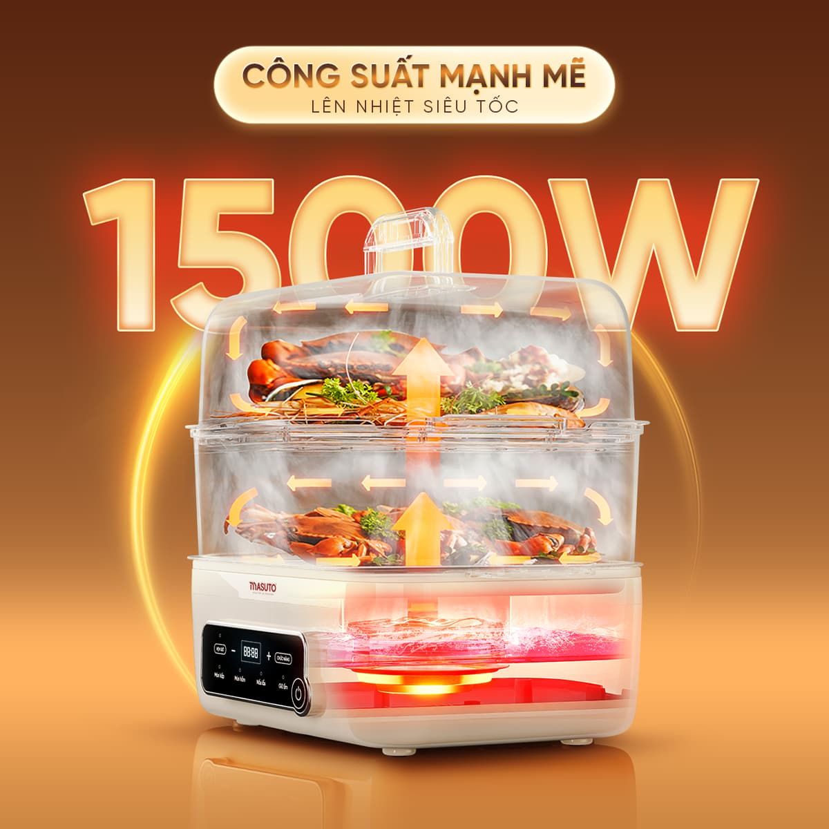 Nồi Lẩu Hấp Đa Năng 3in1 Masuto MSSteam - Vừa Lẩu, Vừa Hấp, Vừa Hầm, Công Suất 1500W, Dung Tích 14,5L, Hấp Gà Nguyên Con - Hàng chính hãng
