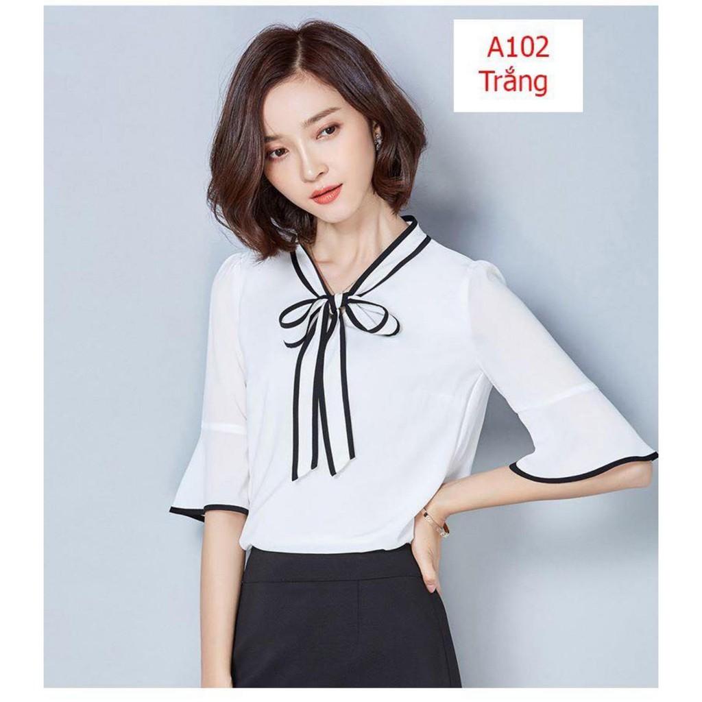 Áo nữ tay loe cổ cột nơ viền phối TRẮNG