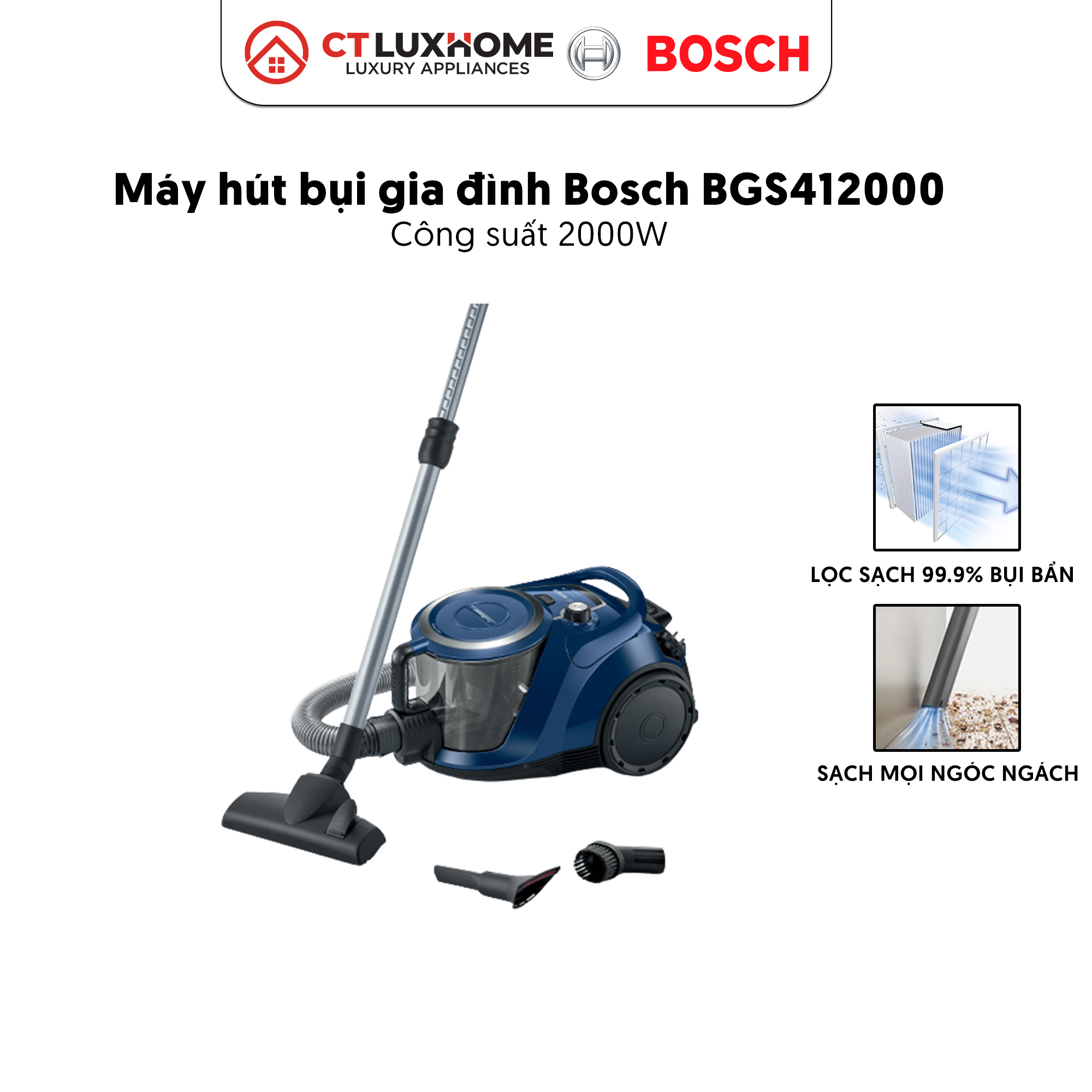 Máy Hút Bụi Có Dây Bosch BGS412000 2000W, 10A, 50Hz, hộp chứa 2,4 lít [Hàng chính hãng]