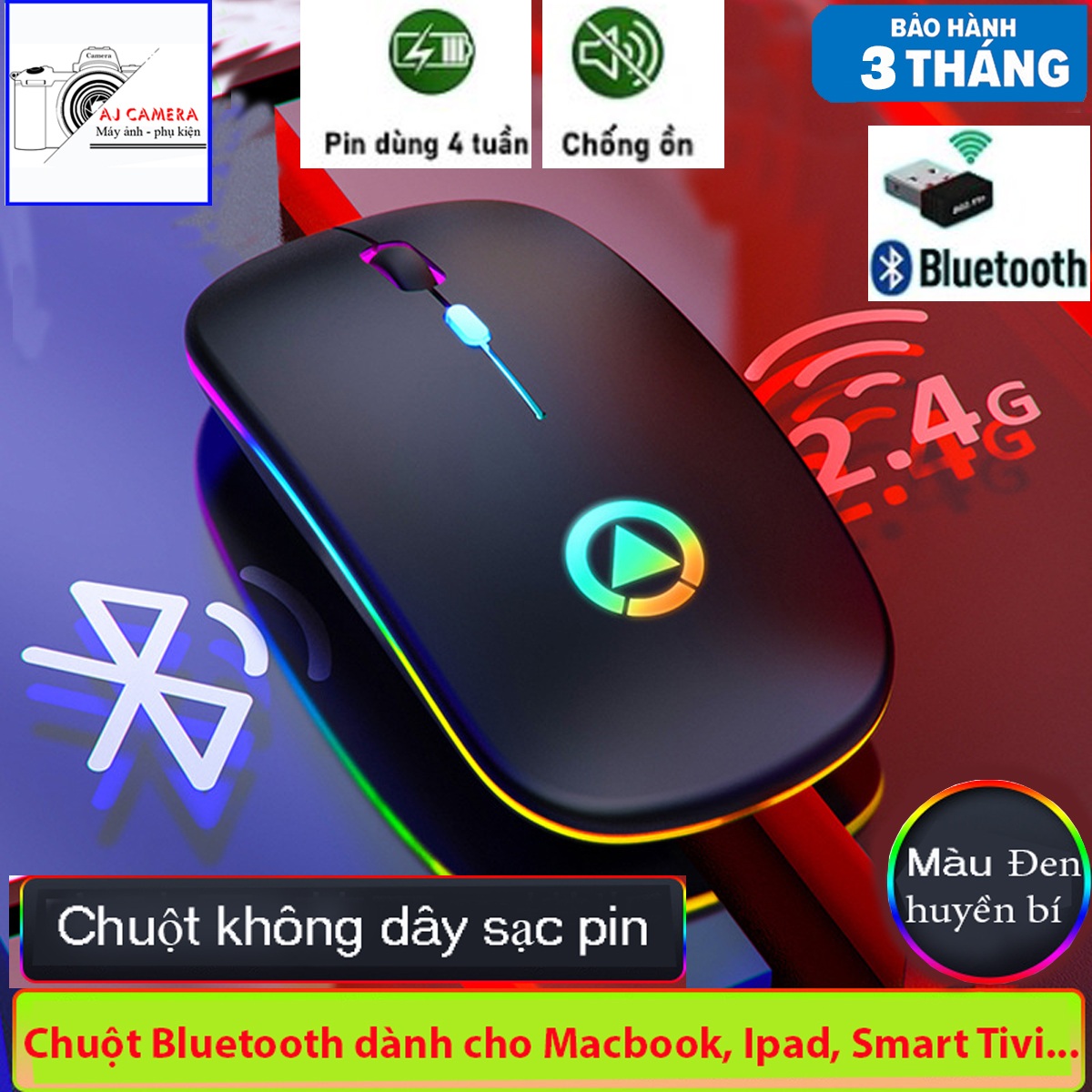 Chuột Không Dây Bluetooth Sạc Lại Khi Hết Pin Bản Cao Cấp, Chống Ồn Chế Độ Kép Wireless Usb 2.4Ghz, Bluetooth, Sạc 1 Lần Dùng 4 Tuần, Hiệu Ứng Đèn Led RGB Dành Cho Macbook, Laptop, iPad Và Smart TV