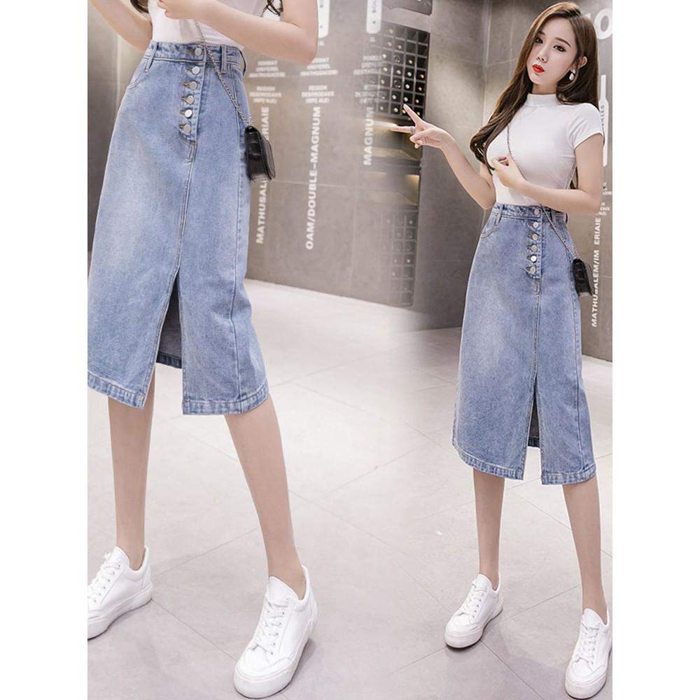 Váy denim dài giữa mùa hè 2021 mới lưng cao có xẻ tà váy