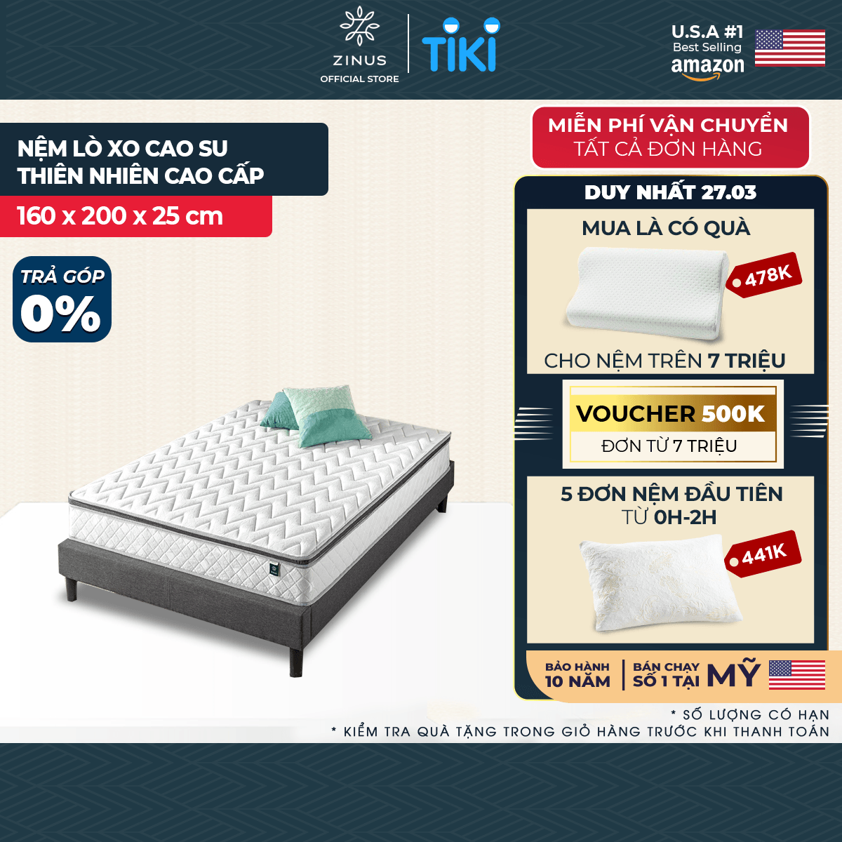 Nệm Lò Xo Cao Su Zinus Hút Chân Không Cao Cấp Zinus - 10in Euro Top Latex Hybrid Spring Mattress