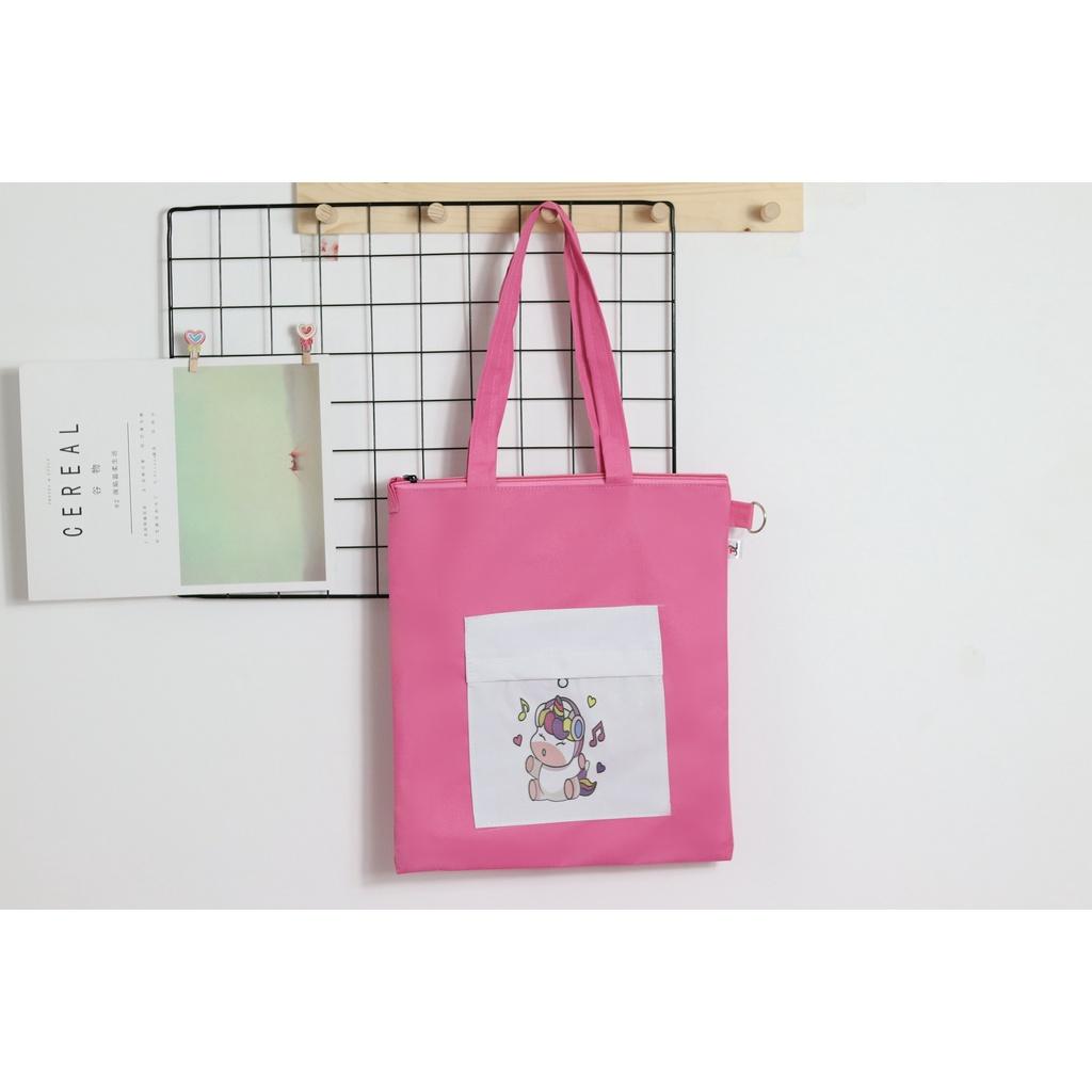Túi Tote, Túi Vải Có Khóa, Màu Hồng Cute, Đi Học Đi Chơi Đều Được, Có Khóa Kéo Cả Hai Ngăn, In Hình Ngăn ngoài Xinh Xắn