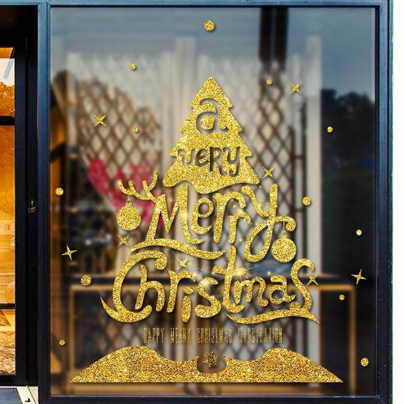 Decal trang trí Noel - Thông Chữ merry Christmas nhũ kim tuyến vàng