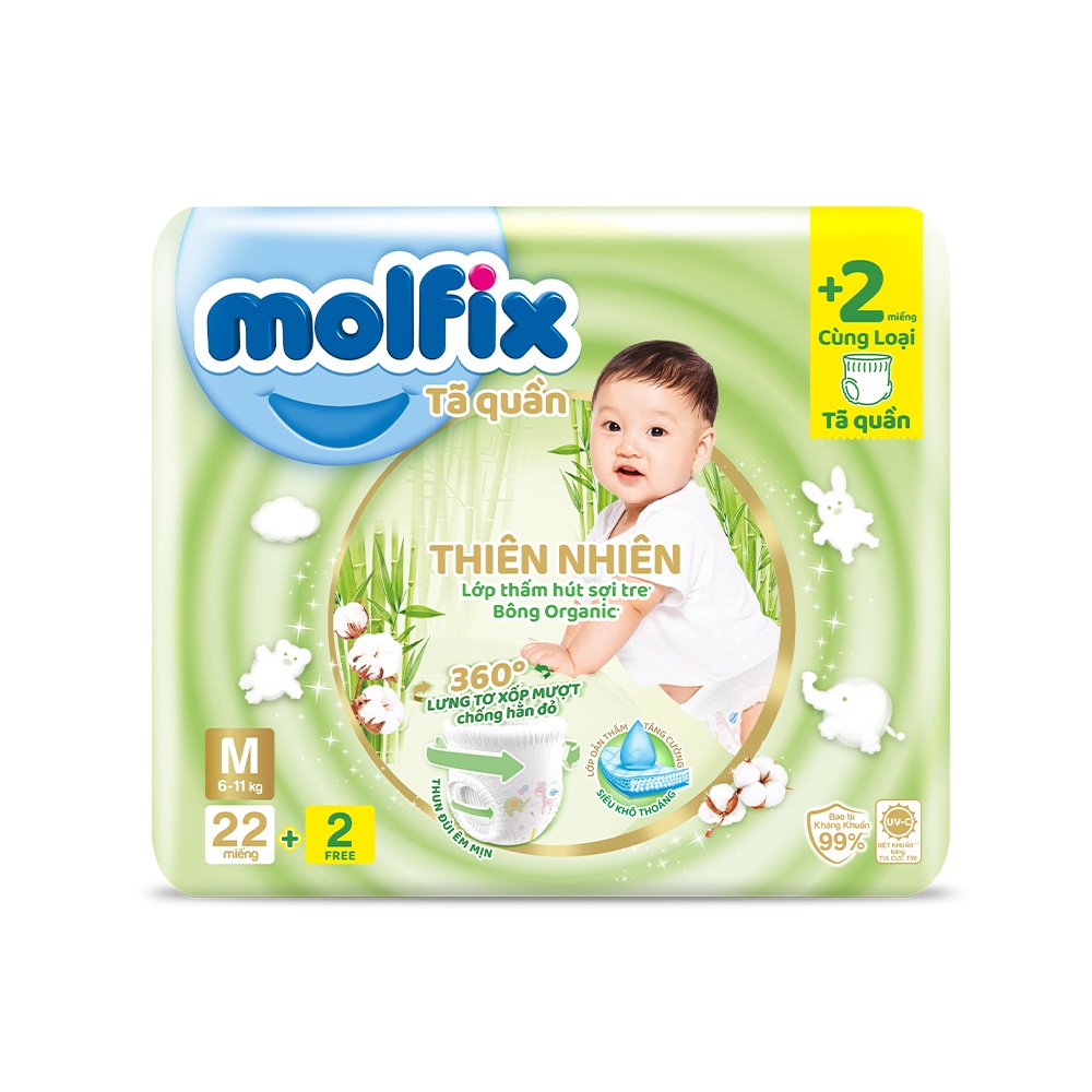 Tã/bỉm quần Molfix Thiên nhiên Regular M (6kg - 11kg) - Gói 22+2 miếng