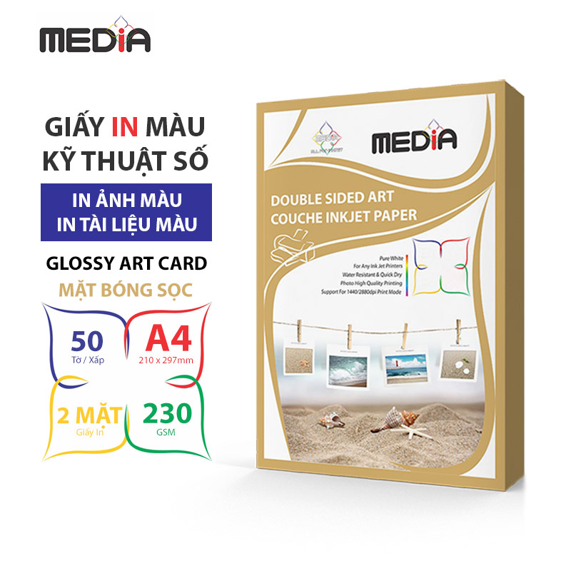 Giấy In Màu Kỹ Thuật Số MEDIA 2 Mặt Bóng Sọc (Art Couche) Khổ A4 (210 x 297mm) Định Lượng 230/260gsm 50 Tờ, Dùng In Bìa Màu, Thẻ &amp; Thiệp Màu - Hàng Chính Hãng