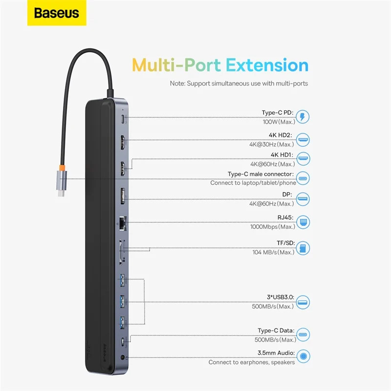 Hub Mở Rộng Đa Năng Baseus EliteJoy Gen2 11 12-Port Type-C HUB Adapter Cho Laptop Macbook iPad Pro - hàng chính hãng