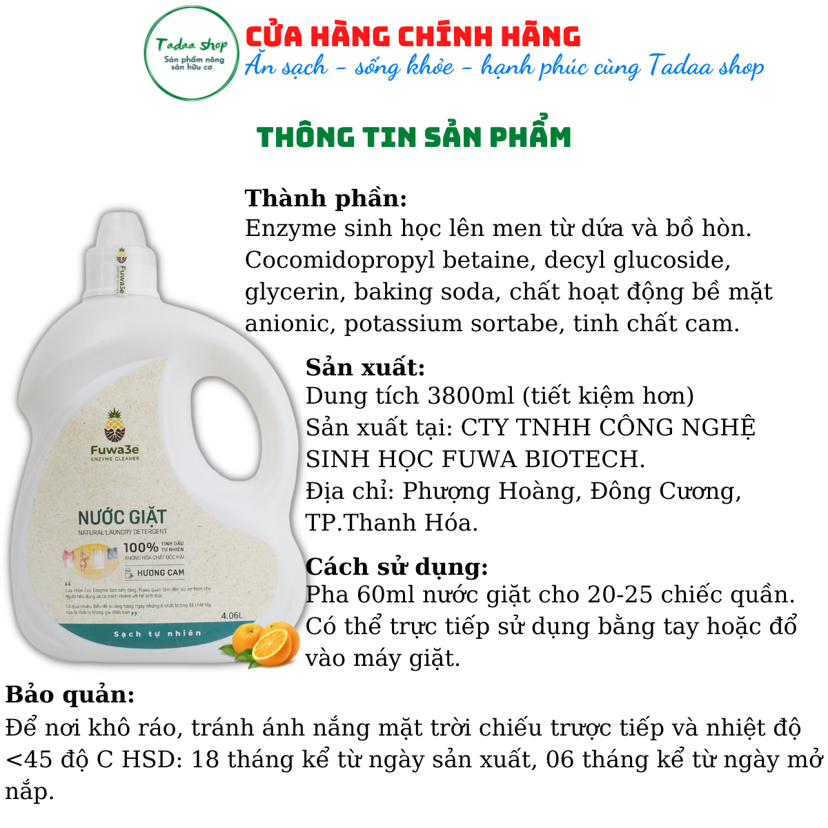 Nước giặt sinh học hữu cơ Fuwa3e tiết kiệm nước, cực sạch, an toàn cho bé hương cam can 4060ml