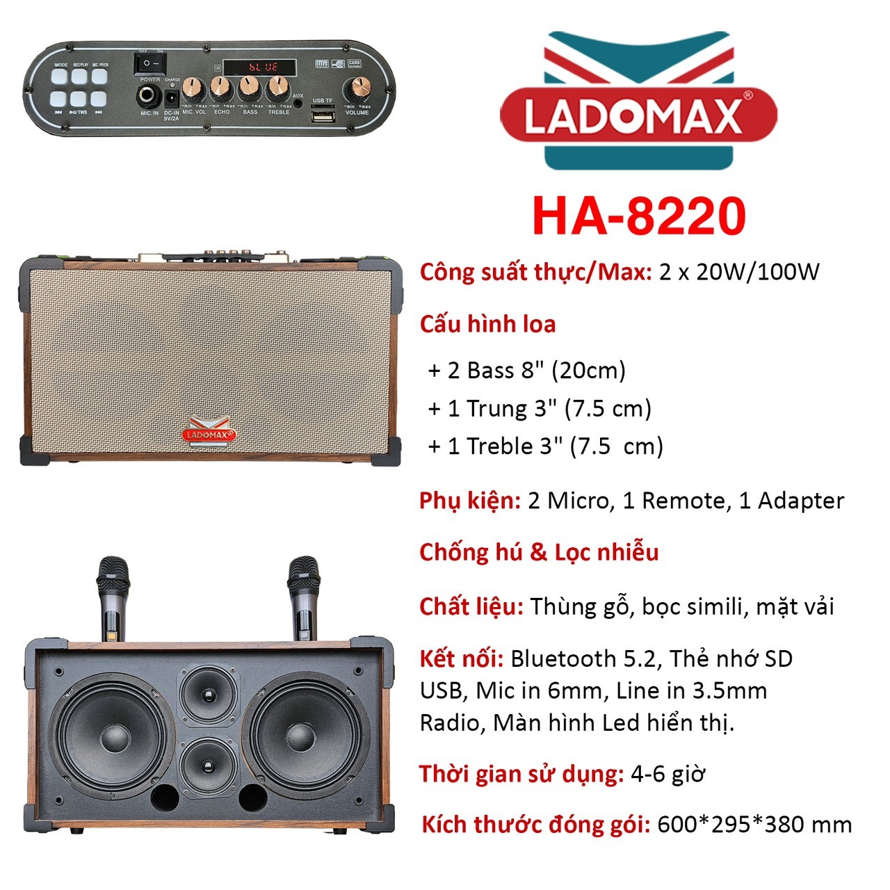 Loa hát Karaoke xách tay Ladomax HA-8220 có chức năng Lọc nhiễu &amp; Chống hú, pin sử dụng 4 - 6 giờ - Hàng chính hãng