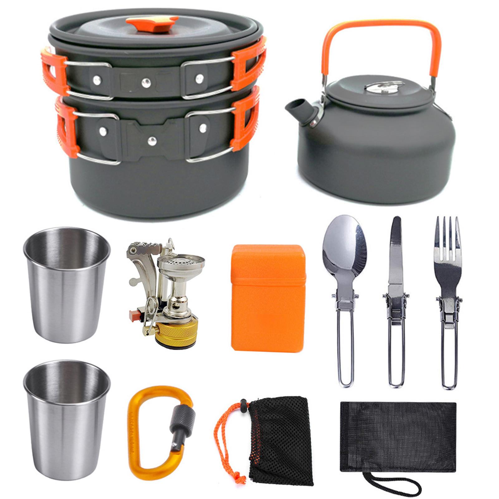 Bộ dụng cụ nấu ăn cắm trại bao gồm chảo, ấm trà, bếp và dao kéo.. Có thể gấp gon với túi đựng tiện lợi