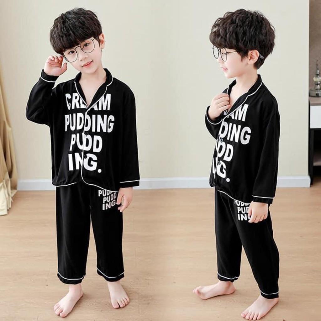 Pijama lụa dài tay in chữ cho bé từ 6-28Kg SUMO KIDS, Bộ đồ ngủ dài tay cho bé trai và bé gái mặc đều xinh