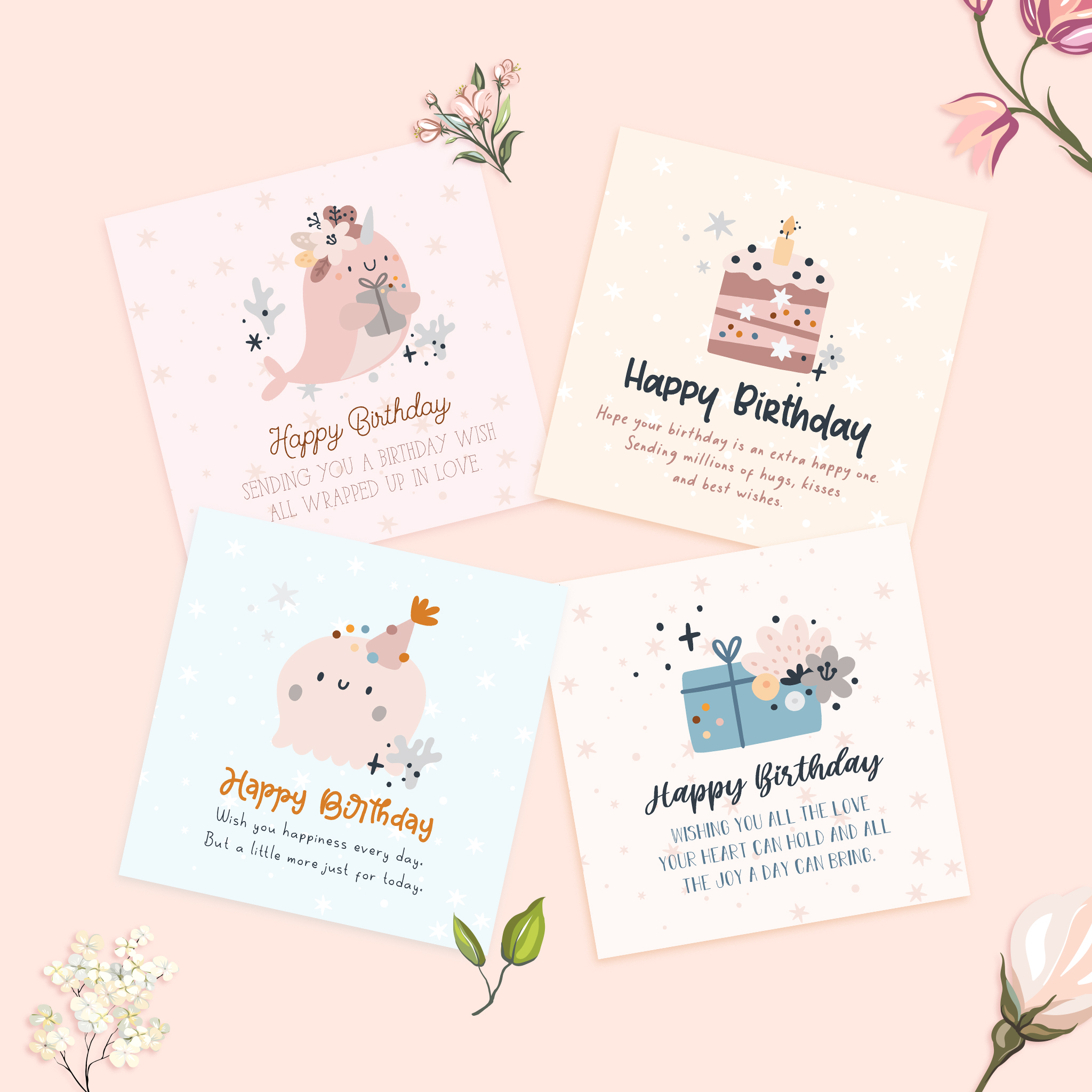 Set 4 thiệp chúc mừng sinh nhật SDstationery OCEAN 12x12 màu pastel nhẹ nhàng minh họa dễ thương cute cho người yêu biển