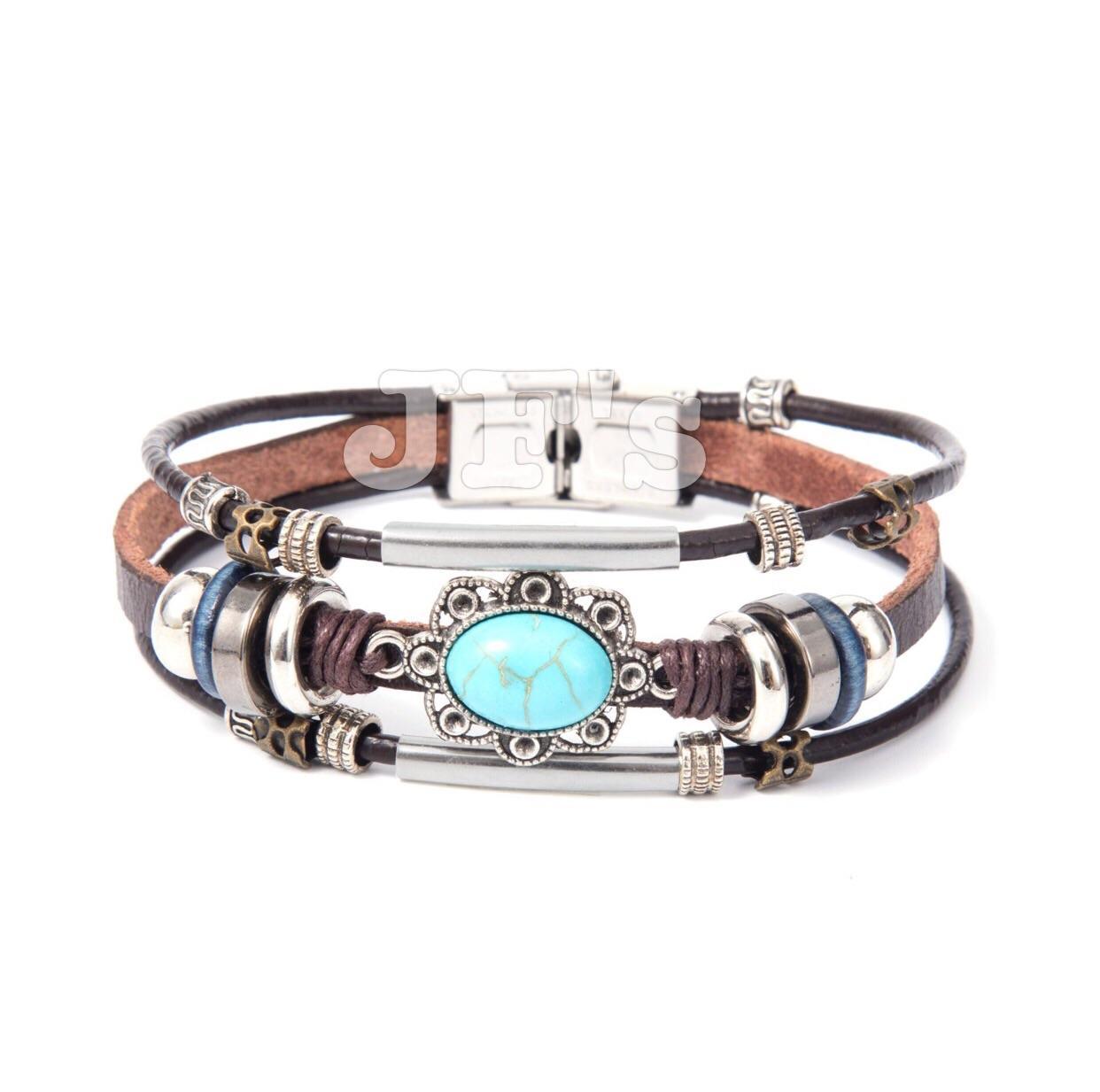 Vòng tay da khoá thép ko gỉ, vòng tay phong cách bohemian unisex