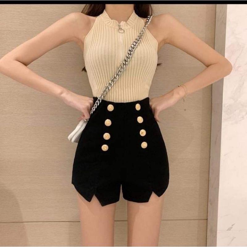 [L2M] Quần short nữ lưng cao tôn dáng PHỐI 8 NÚT xẻ đùi chất kaki co giãn thoáng mát - Đen