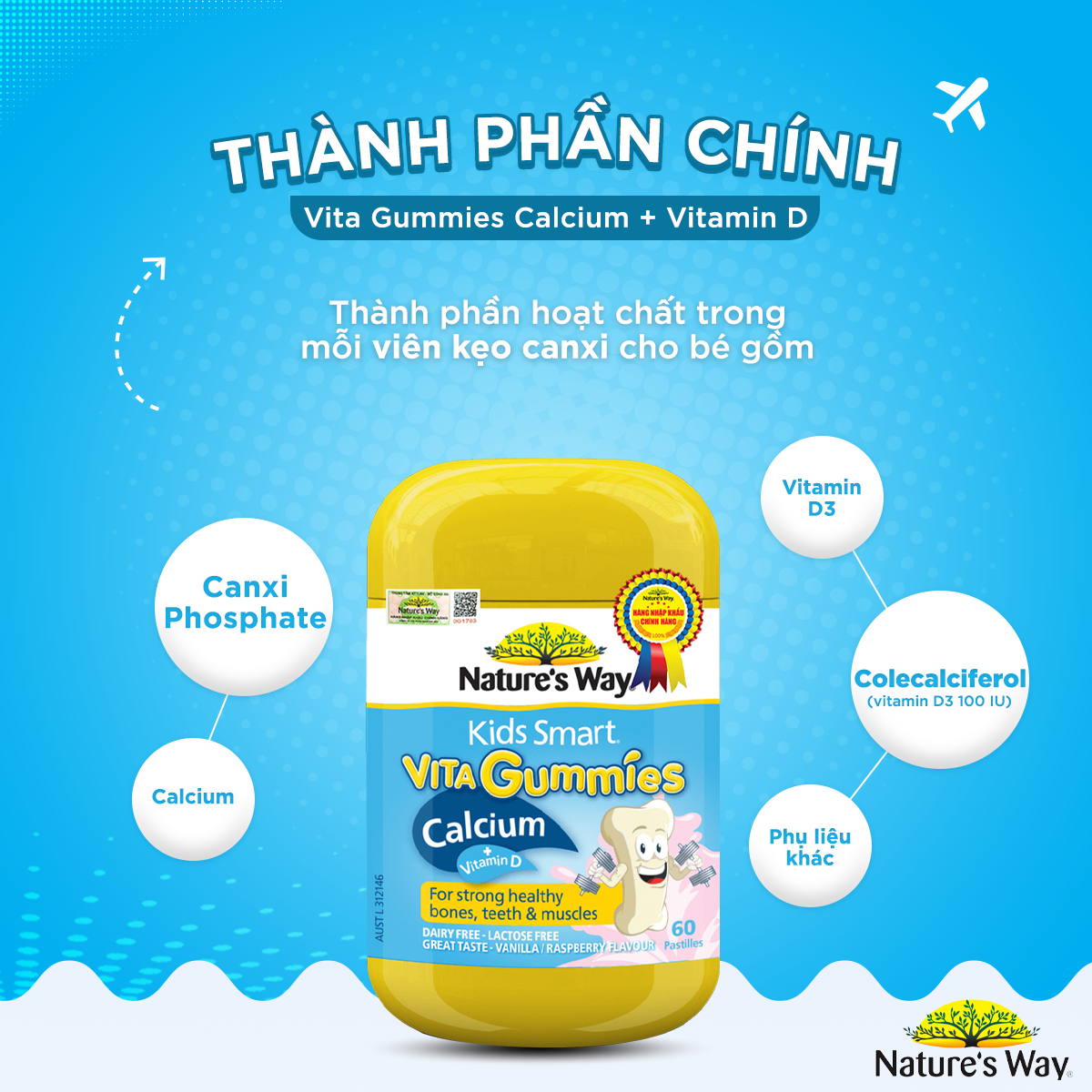 Combo 2 Kẹo Dẻo Cho Bé Nature's Way Kids Smart Vita Gummies Calcium + Vitamin D Và Multi Vitamin for Fussy Eaters