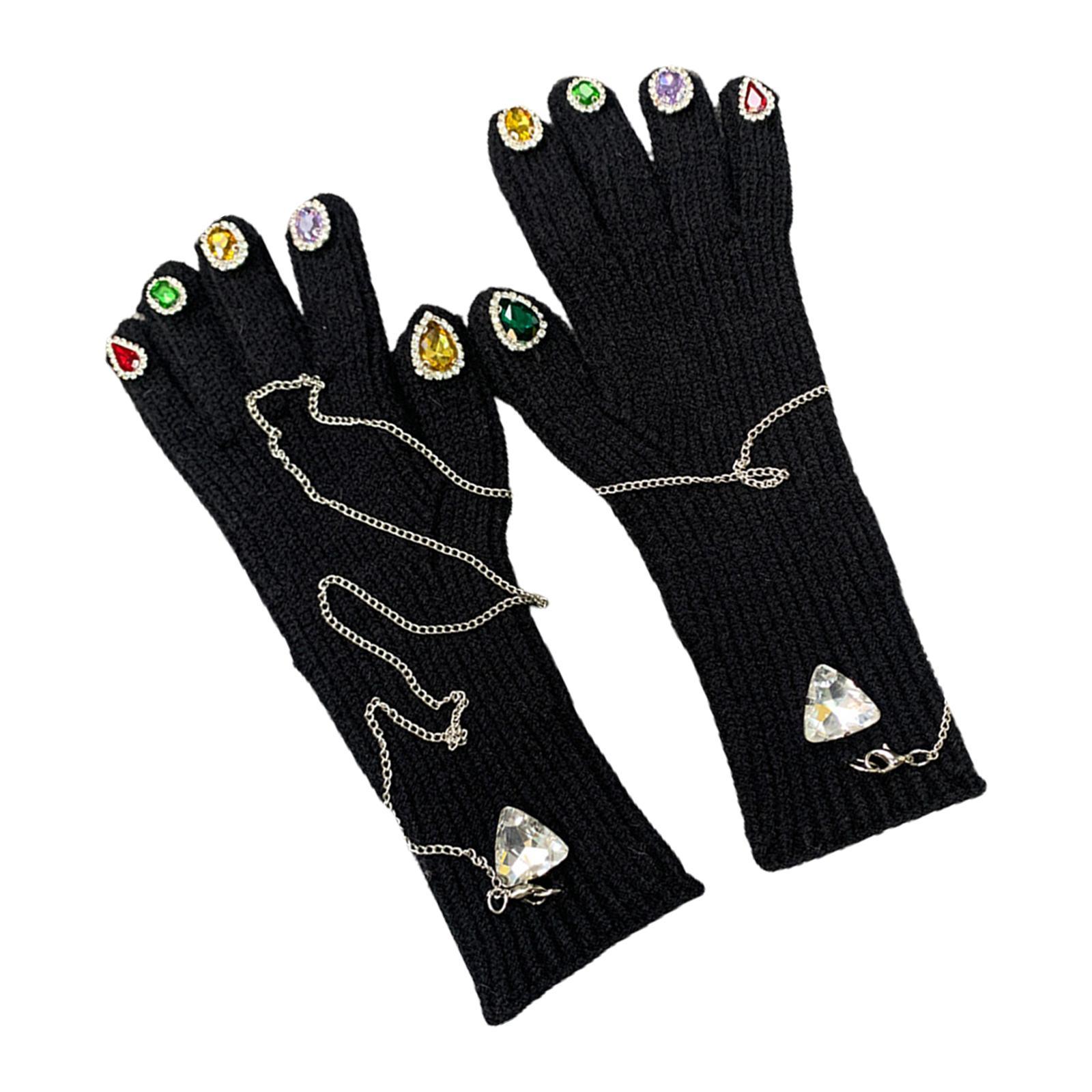 Women Winter Warm Gloves Faux Rhinestone Full Finger Thermal Gloves Elastic