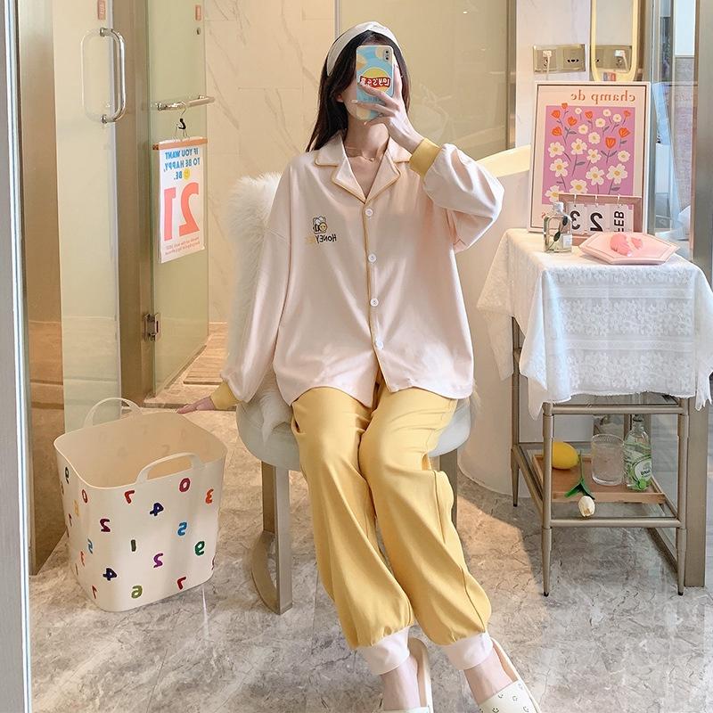 Đồ Mặc Nhà Pijama Dễ Thương, Đồ Bộ Nữ Cotton Áo Dài Quần Dài Màu Trơn Vàng Hồng DDCP06