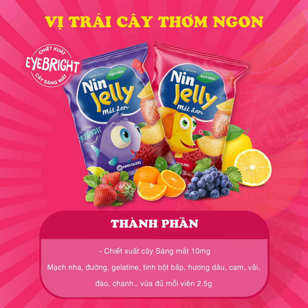Kẹo dẻo Nin Jelly Mắt Đen cho bé (dây 10 góix20g) hương trái cây,vị ngọt thanh nhẹ,  bổ mắt cho trẻ em giúp đôi mắt sáng