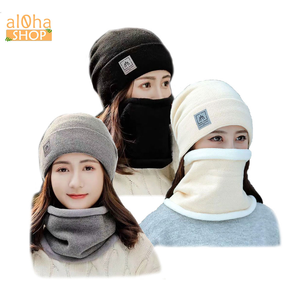 Mũ kèm khăn ống len lót lông mềm mịn giữ ấm mùa đông Unisex nam nữ - al0ha Shop