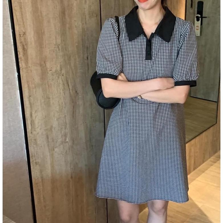 Đầm công sở trẻ trung sọc caro cổ sơ mi, váy dự tiệc phong cách Hàn Quốc chất liệu mềm mịn cao cấp