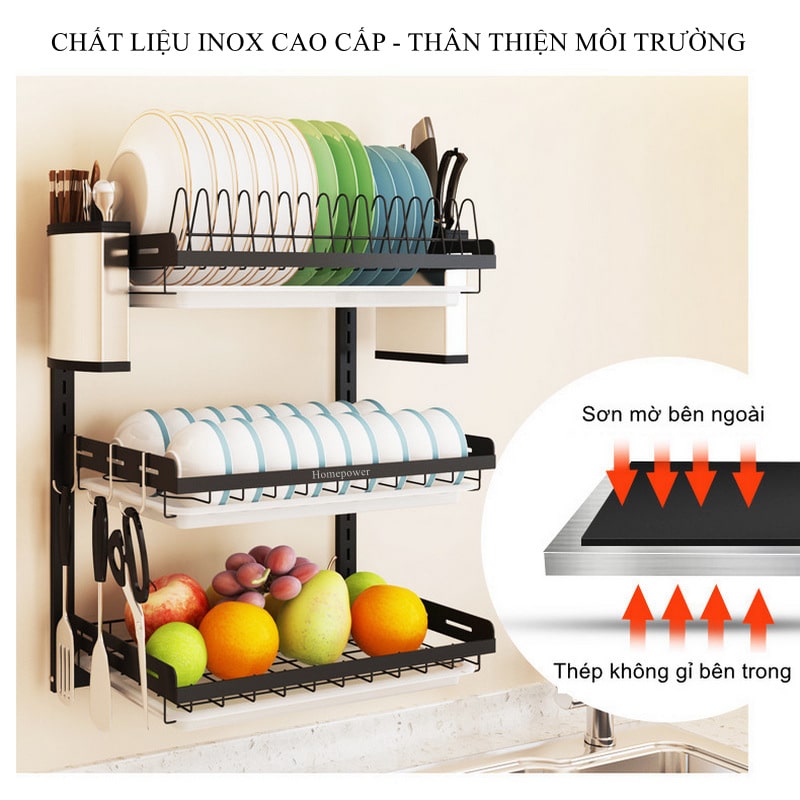 Kệ Để Chén Bát Treo Tường Đa Năng Homepower Inox 201 Sơn Tĩnh Điện Cao Cấp, Có Khay Hứng Nước, Lồng Đũa, Khay Để Dao Kéo Tiết Kiệm Không Gian Bếp, Tặng Kèm 3 Móc Treo Tiện Lợi - Hàng Chính Hãng