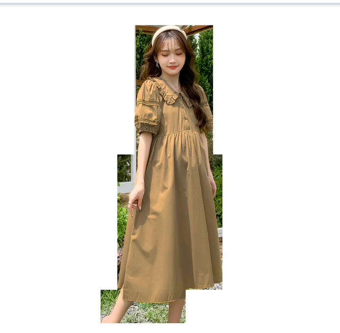 ĐẦM BẦU VÁY BẦU CỔ SEN CÀ PHÊ SỮA  sau sanh có nút mở cho bé ti