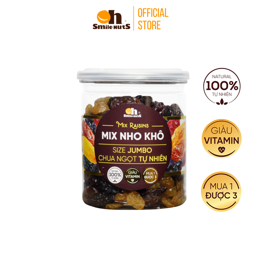 Nho Khô Mix 3 màu Chile Size Jumbo Smilenuts - Trọng lượng 250g/500g - Nhập khẩu từ Chile _ đảm bảo 100% không đường và chất bảo quản, quả to, vị ngọt tự nhiên _ giàu sắt và vitamin, tốt cho trẻ em và người lớn tuổi