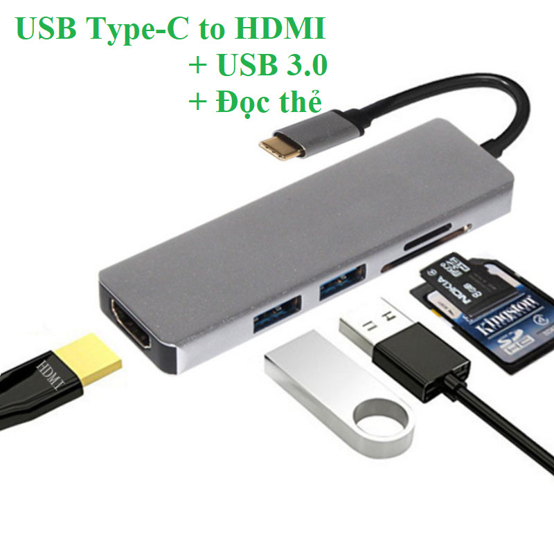 Cáp USB Type-C to HDMI + USB 3.0 Hỗ trợ đọc thẻ nhớ 5 in 1