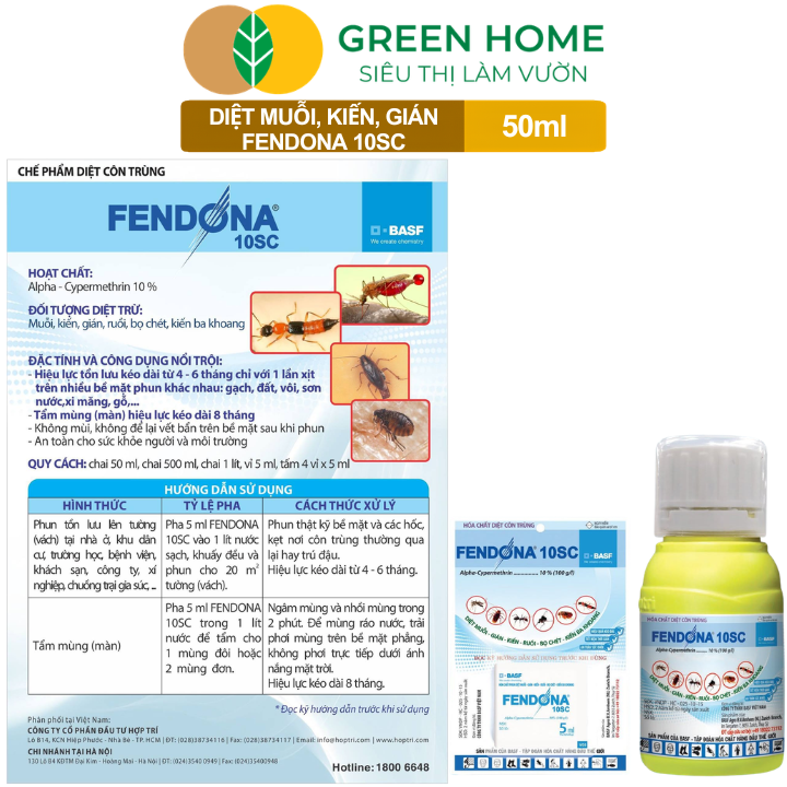 Thuốc Diệt Muỗi GreenHome, Fendona 10SC, Chai 50ml, Hiệu Quả, Không Mùi, Trừ Ruồi, Muỗi, Kiến, Gián