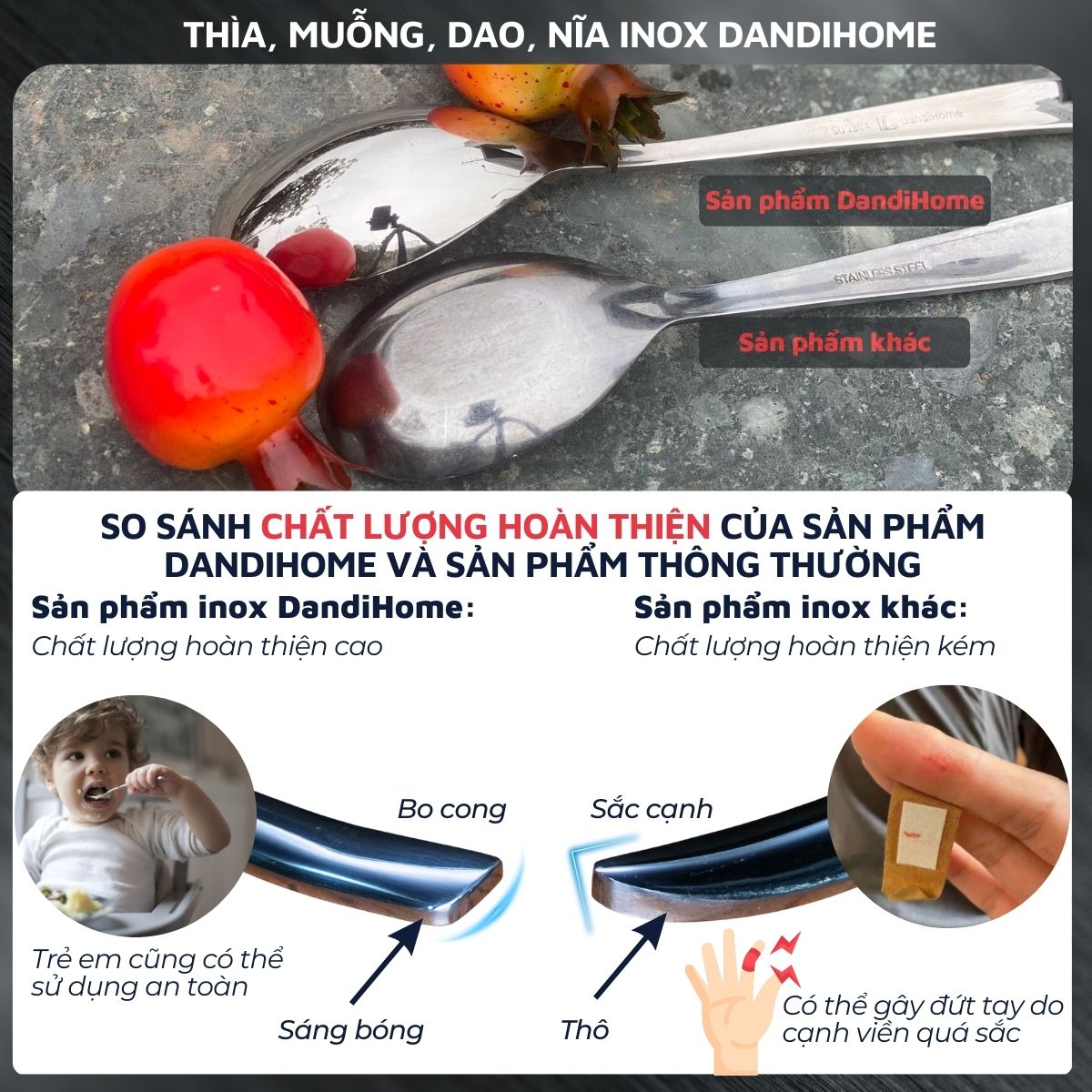 Bộ 6 thìa Inox 304 ngắn bún phở DandiHome