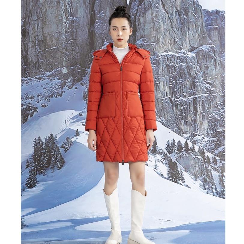 Áo Khoác Phao Nữ Dáng Dài HeraDG Túi Ốp Thân Chần Trám Kèm Mũ, Vải 3 Lớp Chống Gió Chống Nước Chống Bám Bụi WJKBA06