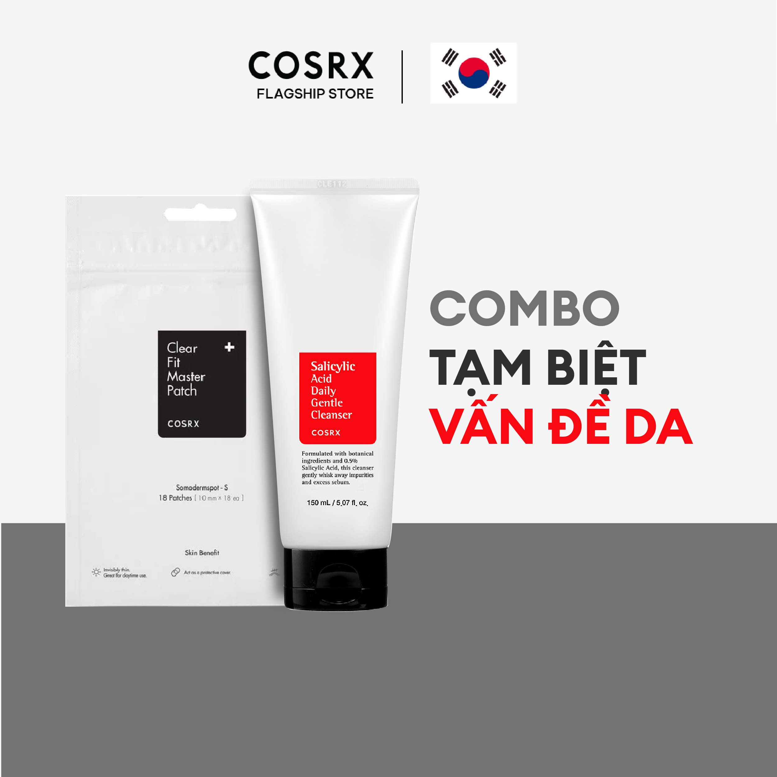 Combo Sửa rửa mặt COSRX Salicylic Acid Daily Gentle Cleanser + Miếng dán mụn COSRX Clear Fit Master Patch 18 miếng/gói