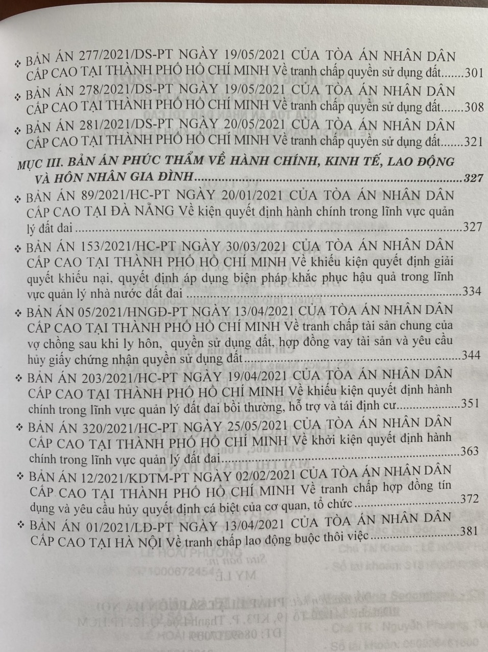 Hệ thống án lệ từ năm 2020-2021 và Quyết định giám đốc thẩm, Bản án phúc thẩm của Tòa án nhân dân tối cao về hình sự, dân sự, hành chính, kinh tế, lao động.