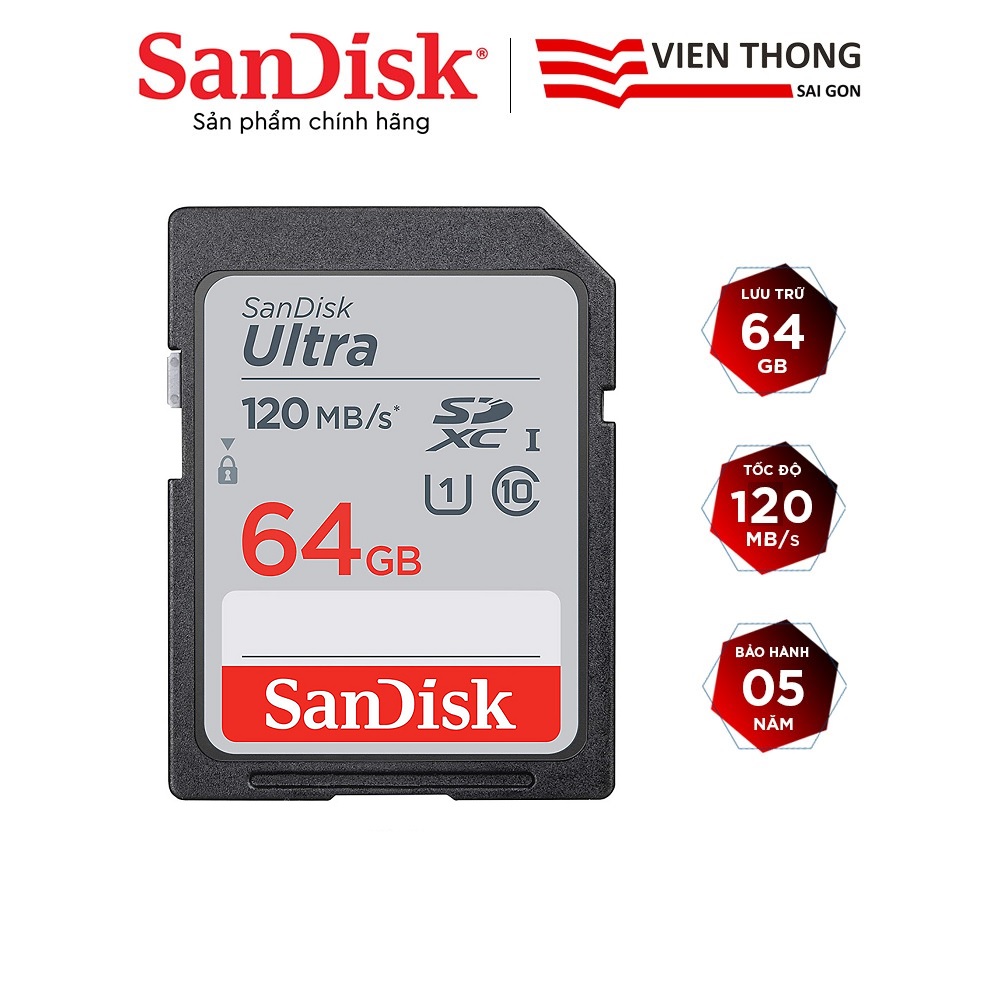 Thẻ nhớ SDXC Sandisk Ultra 64GB upto 120MB/s UHS-I (chuyên dụng cho máy ảnh) - Hàng chính hãng