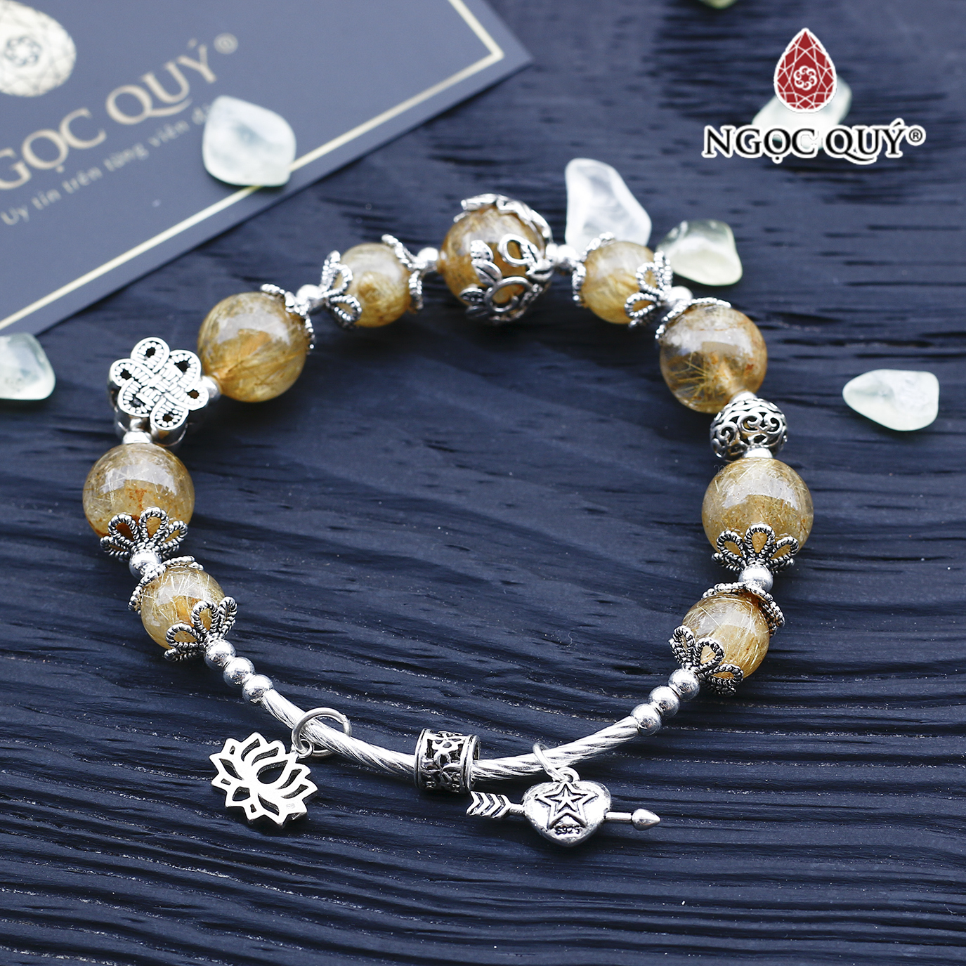 Vòng thạch anh tóc vàng phối lu thống charm bạc hạt 8mm mệnh thủy, kim - Ngọc Quý Gemstones