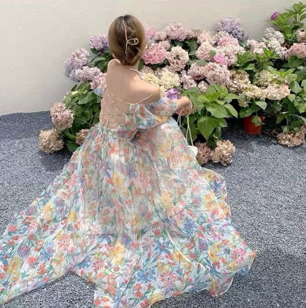 ĐẦM DÀI HOA MAXI ĐI BIỂN CỔ U DÂY LƯNG SUÔNG XÒE MIDI FLORAL DẠO PHỐ DỰ TIỆC