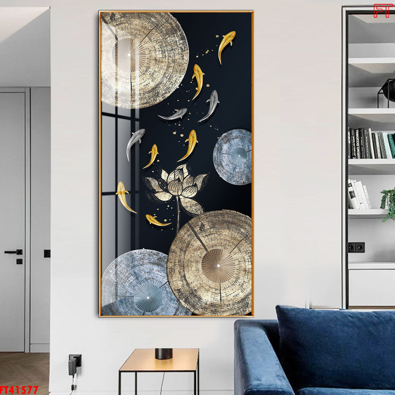Tranh Canvas Treo Tường Hiện Đại - Tranh Chín Con Cá Chép Bên Hoa Sen