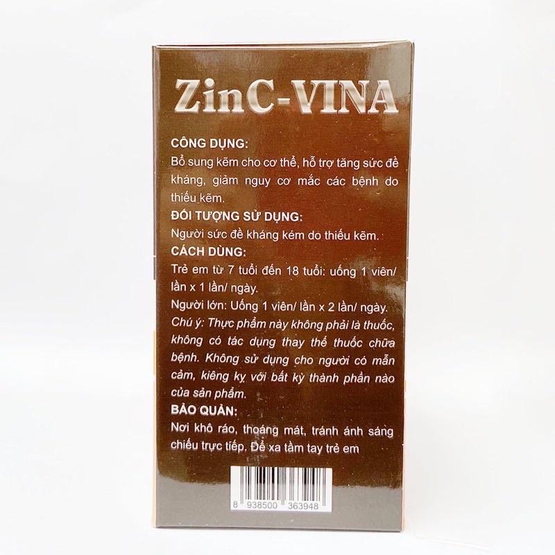 Viên uống tăng sức đề kháng ZinC - Vina - giúp bổ sung kẽm cho cơ thể, giảm nguy cơ các bệnh do thiếu kẽm - Hộp 100 viên