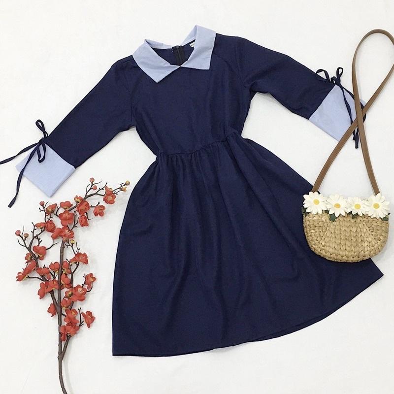 Đầm váy babydoll xanh cổ sọc (kèm hình thật)