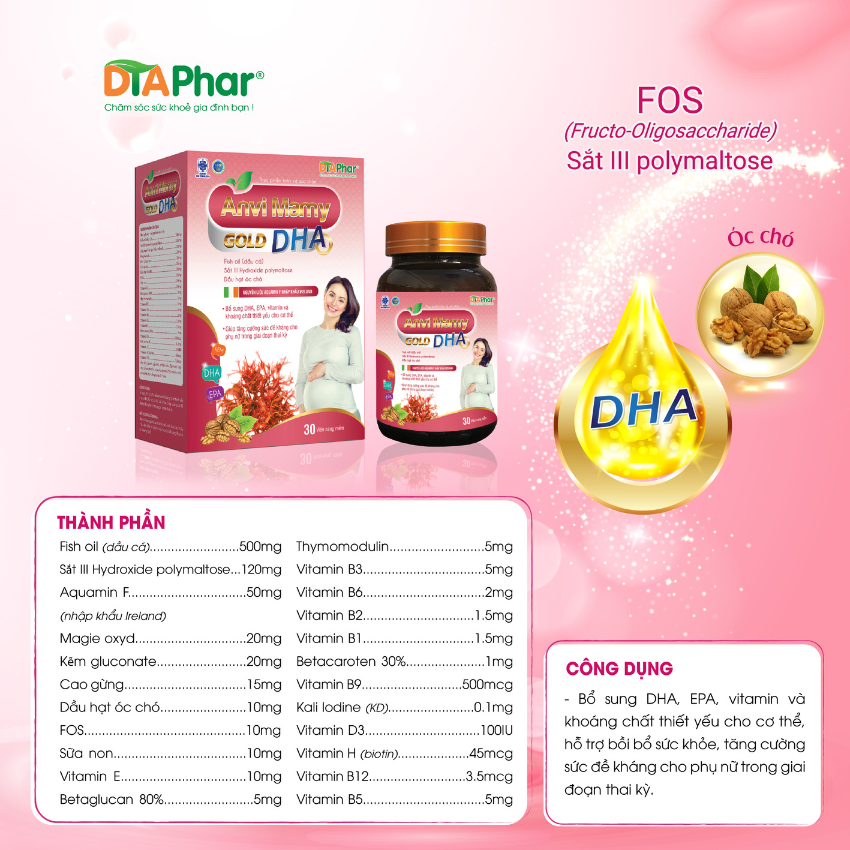 Viên uống mẹ bầu ANVI MAMY GOLD DHA Bổ sung DHA, EPA, Vitamin và khoáng chất bồi bổ sức khoẻ sức đề kháng cho phụ nữ có thai Hộp 30 viên Tâm An Pharma