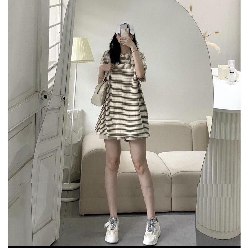 Set đồ nữ Áo thun mix quần short kaki giả váy kẻ ngang bánh bèo Ulzzang dành cho nữ PHULA