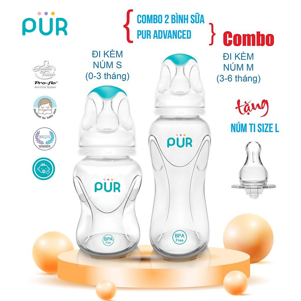 Combo bình sữa Pur Advanced 125ml, bình sữa Pur Advanced 250ml + Núm ti size L