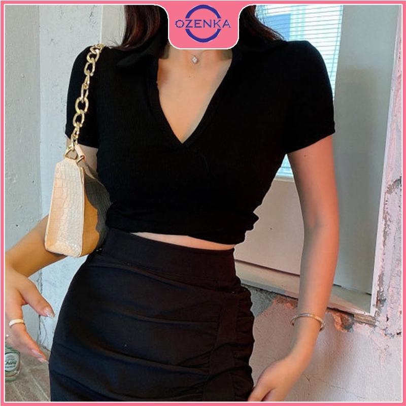 Áo croptop ôm cổ V polo nữ, áo thun ngắn cộc tay gợi cảm chất đẹp màu đen trắng freesize dưới 50 cân