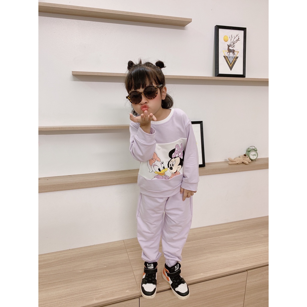 Quần áo trẻ em, bộ quần áo cotton dài tay Mickey màu hồng, màu vàng, màu tím cho bé gái từ 9kg đến 18kg của BERNIE