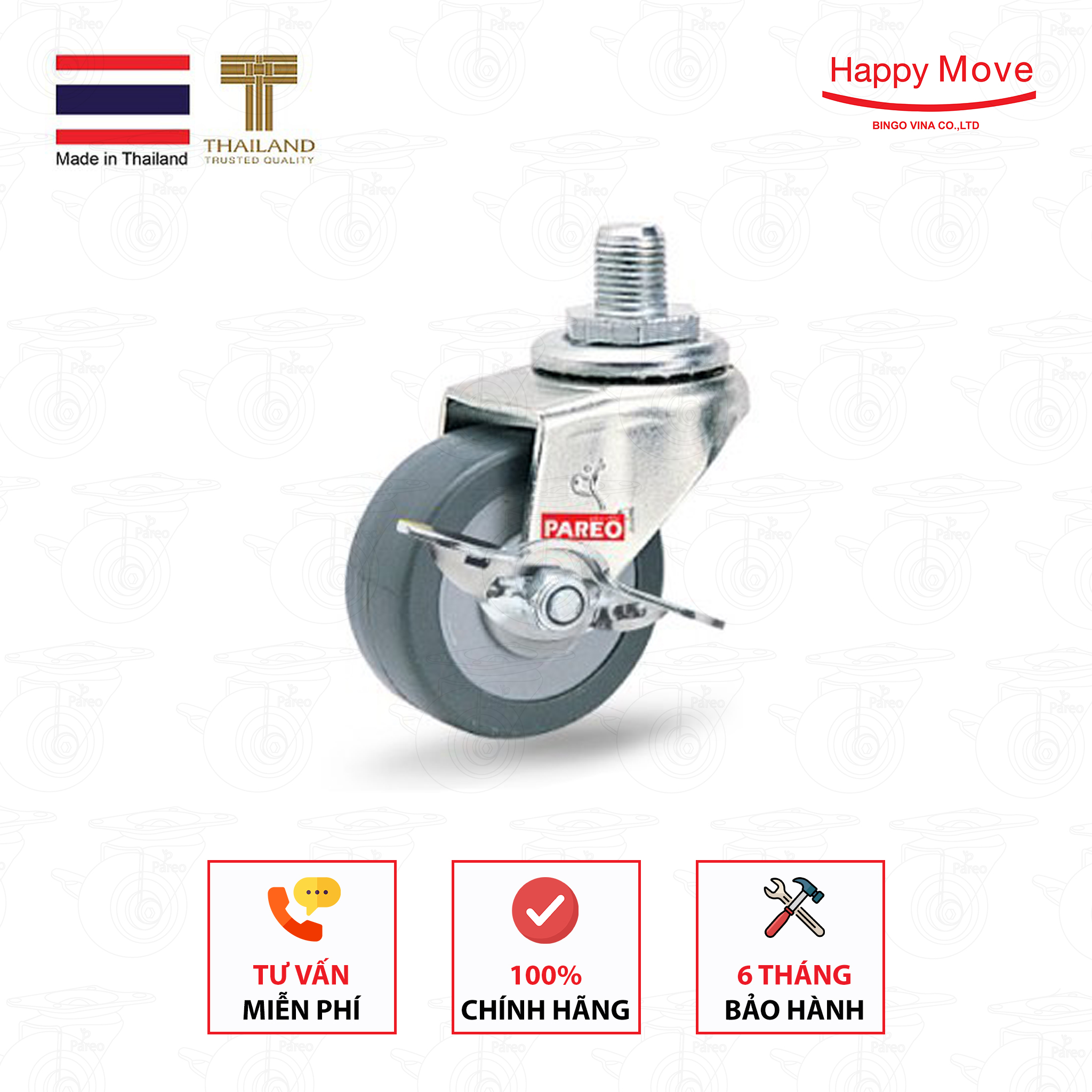 Bánh xe đẩy cao su tổng hợp xám tải nhẹ cọc vít xoay khóa - 50-65-75mm - Happy Move Thái Lan